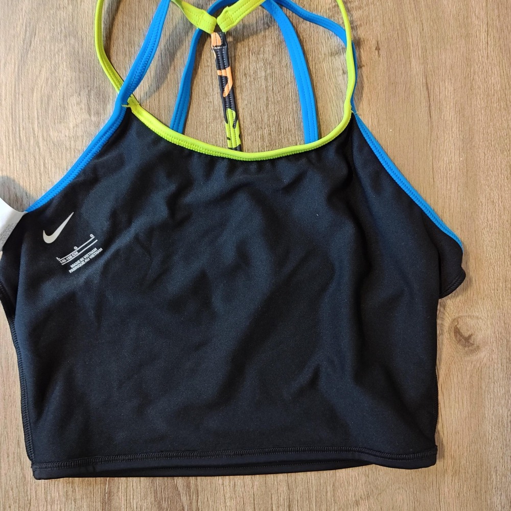 Nike Kids Girls Swim Top Crop Black Blue Pink Neon Green Heart Logo Size L - Picture 9 of 10